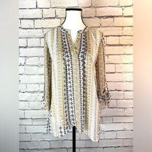 DR2 Aztec Print Geometric Sheer Layered Bohemian Blouse Long Sleeve Oversized XS